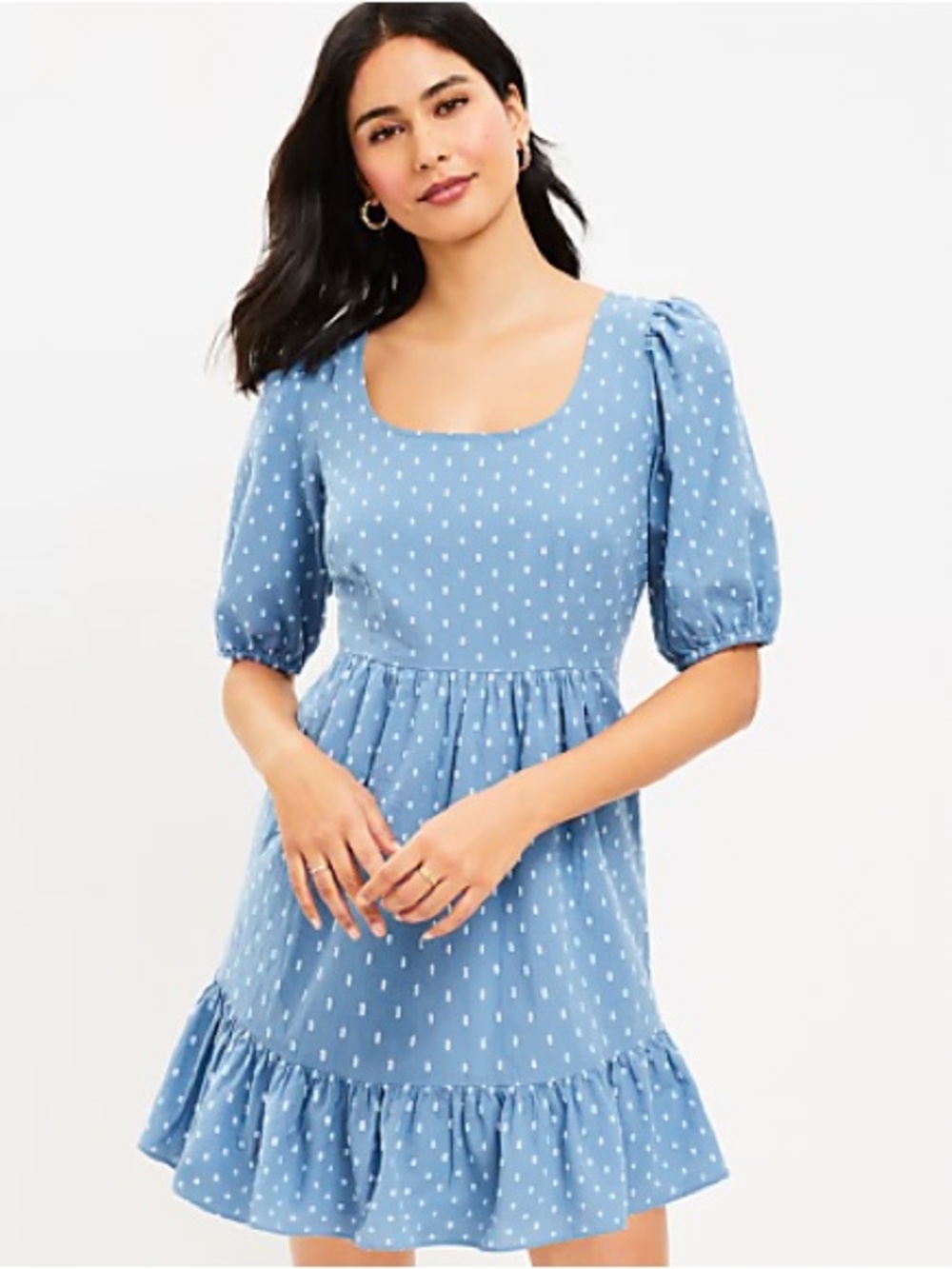 NWT Loft Carolina Pool Blue Puff-Sleeve Square Neck Polka Dot Dress cottagecore